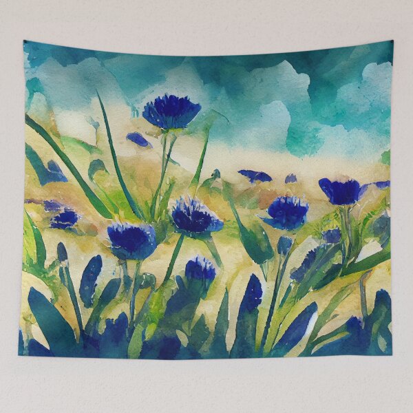 Item preview, Cornflower field in front of storm clouds in loose watercolor designed and sold by aricutcia.