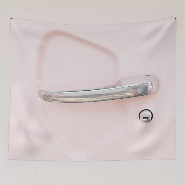 Item preview, A close-up of a door handle on a pink hippie van // Ibiza Travel Photography designed and sold by Diana van Neck.
