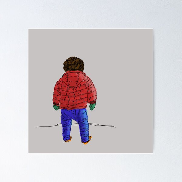 Item preview, Child in down jacket (red, black outlines, gray background) designed and sold by MentaLee.