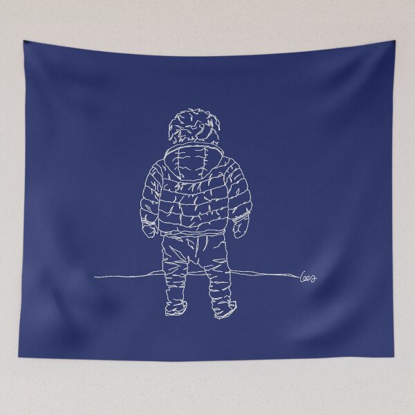 Item preview, Child in down jacket (white outlines, blue background) designed and sold by MentaLee.