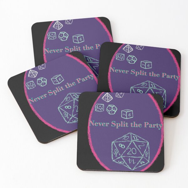 Item preview, Never Split the Party Pink Text on Purple Badge - TTRPG designed and sold by jolabrese.