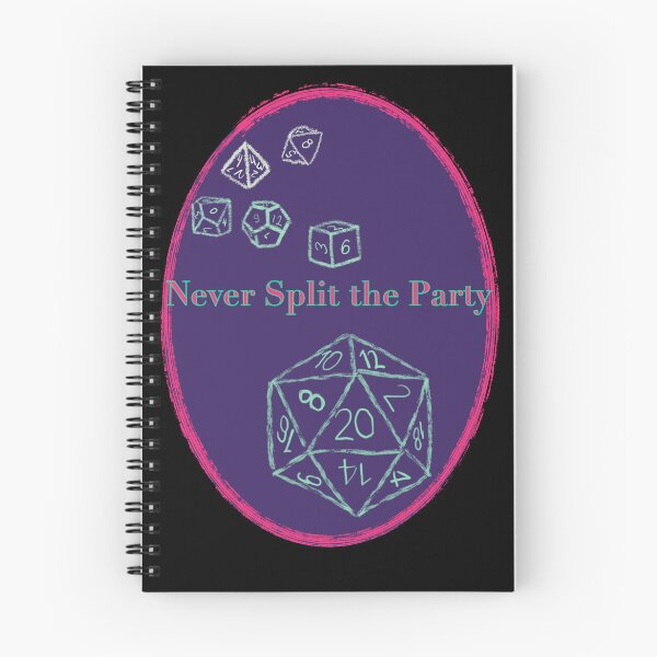Item preview, Never Split the Party Pink Text on Purple Badge - TTRPG designed and sold by jolabrese.