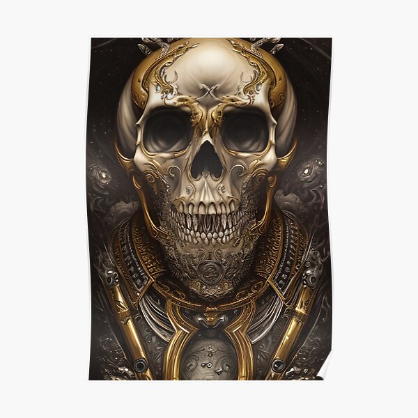 Skull With Gold Ornaments | Gold Skull Artwork | Armored Skull | Dystopian Skull | Skull Warrior Poster
