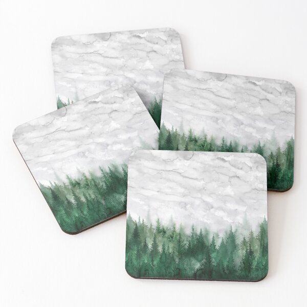 Item preview, Rainy day, a forest edge with fir trees under clouds overcast sky Watercolor designed and sold by Rebecca Reck Art.