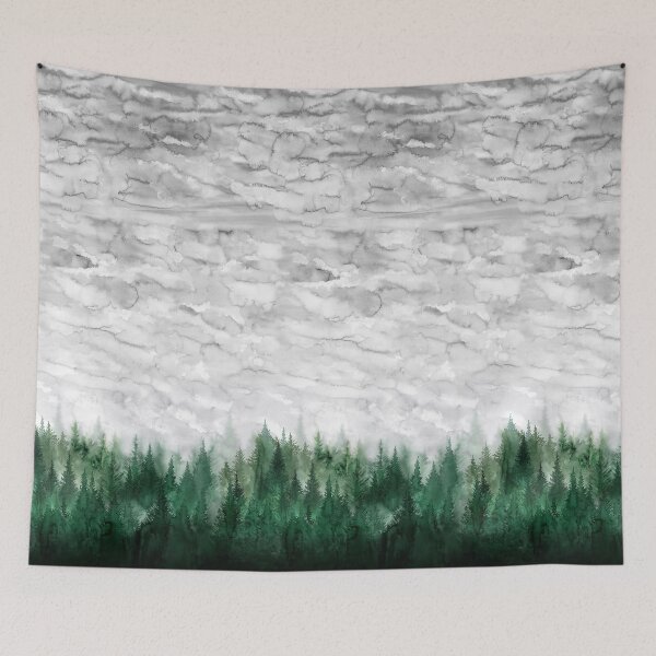 Item preview, Rainy day, a forest edge with fir trees under clouds overcast sky Watercolor designed and sold by Rebecca Reck Art.