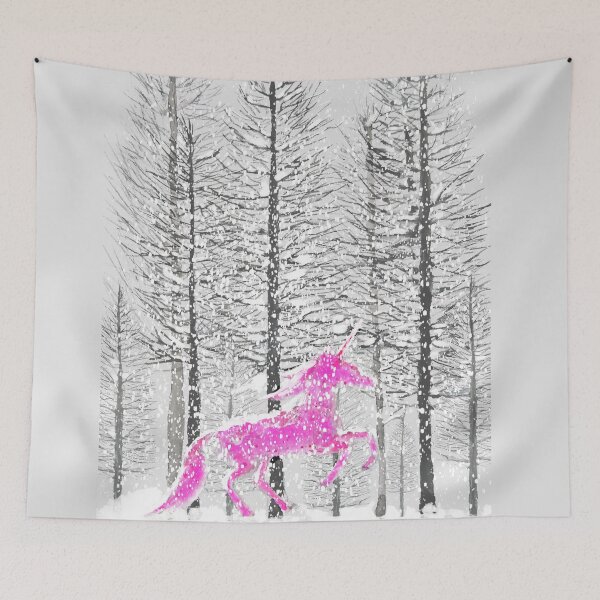 Artikelvorschau, rosa Einhorn im verschneiten Wald, Aquarell, handgemalt entworfen und verkauft von ColorandColor.