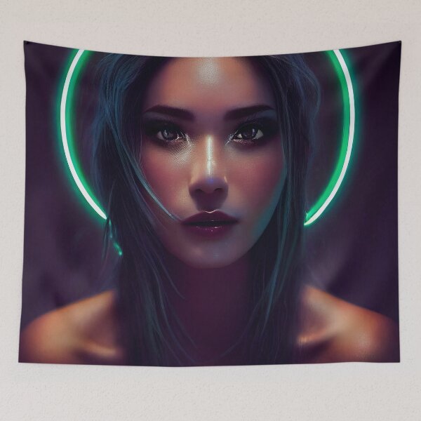 Item preview, Portrait of a woman with a neon halo designed and sold by alxndraai.