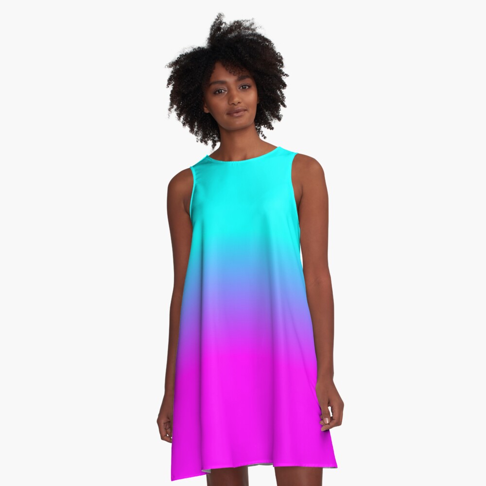 Hot Pink and Neon Aqua Blue Ombre Shade Color Fade A-Line Dress
