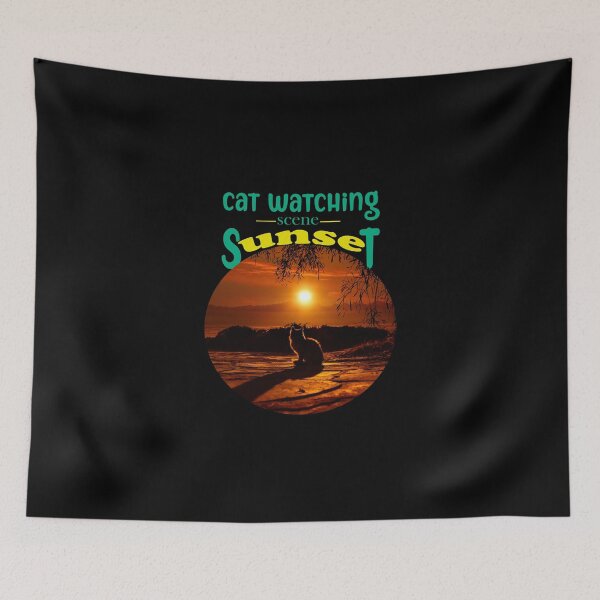 Item preview, cat watching sunset scene, retro vintage sunset rainbow designed and sold by Hatlof.
