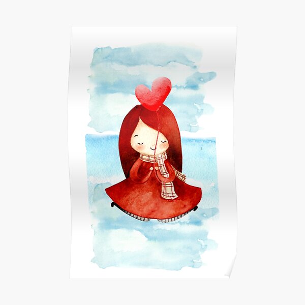 Aquarellmädchen und roter Herzballon ❤️️ Poster