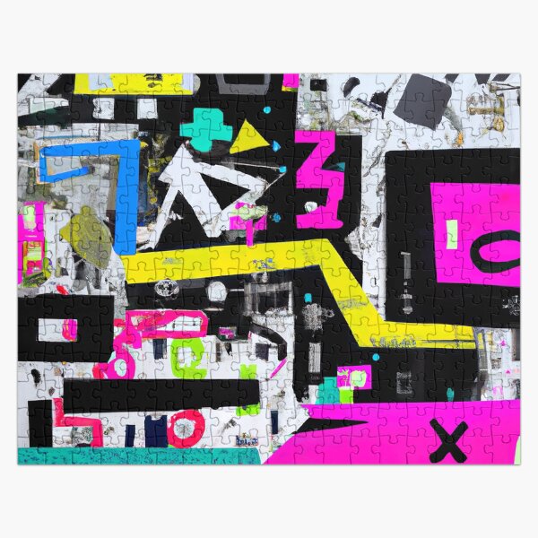 Mur 28 - Street Art abstrait - Noir, blanc, rose et jaune Puzzle