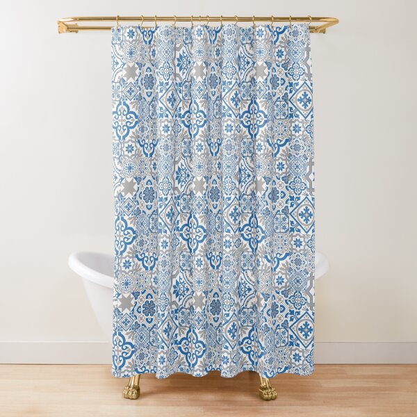 Blue and Gray Heritage Vintage Traditional Moroccan Zellij Zellige Tiles Style Shower Curtain