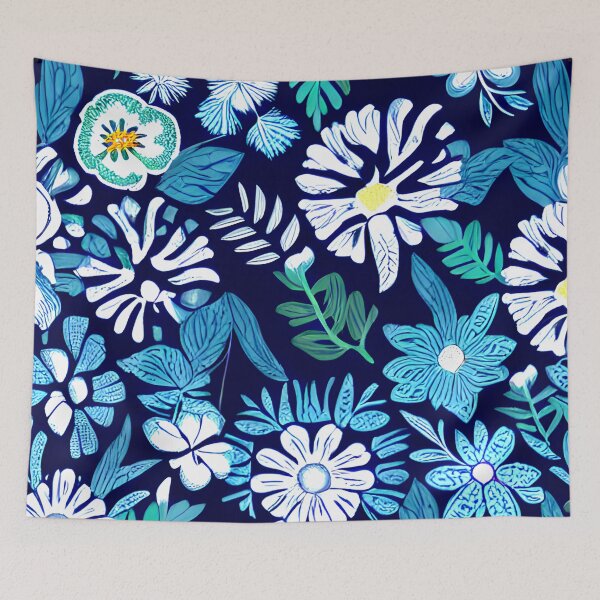 Aperçu de l'œuvre motif floral de feuille bleue de fleur blanche #9 créée et vendue par supeart.