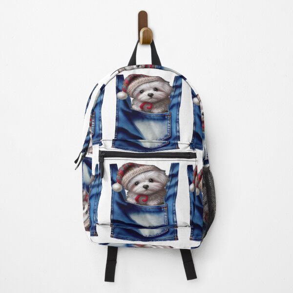 Item preview, Bichon Frise Dog in a Christmas hat peeks out from a pocket designed and sold by Rocky Mountain Artistry.
