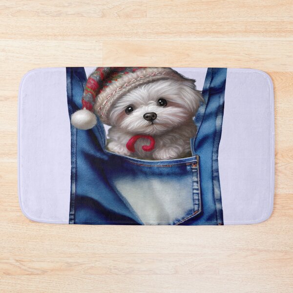 Item preview, Bichon Frise Dog in a Christmas hat peeks out from a pocket designed and sold by Rocky Mountain Artistry.