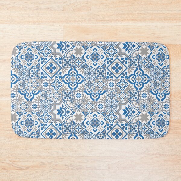 Blue and Gray Heritage Vintage Traditional Moroccan Zellij Zellige Tiles Style Bath Mat