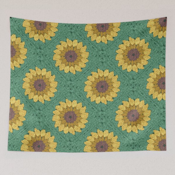 Item preview, Sunflower granny squares // green background yellow and brown crochet flowers designed and sold by SelmaCardoso.