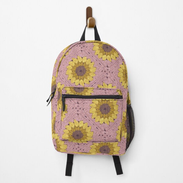 Item preview, Sunflower granny squares // blush pink background yellow and brown crochet flowers designed and sold by SelmaCardoso.