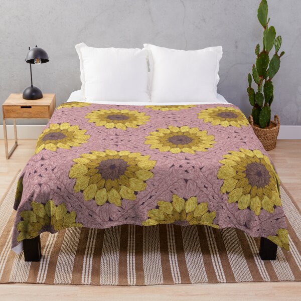 Item preview, Sunflower granny squares // blush pink background yellow and brown crochet flowers designed and sold by SelmaCardoso.