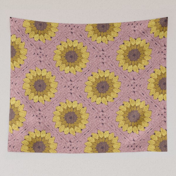 Item preview, Sunflower granny squares // blush pink background yellow and brown crochet flowers designed and sold by SelmaCardoso.