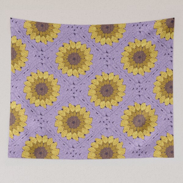 Item preview, Sunflower granny squares // violet background yellow and brown crochet flowers designed and sold by SelmaCardoso.
