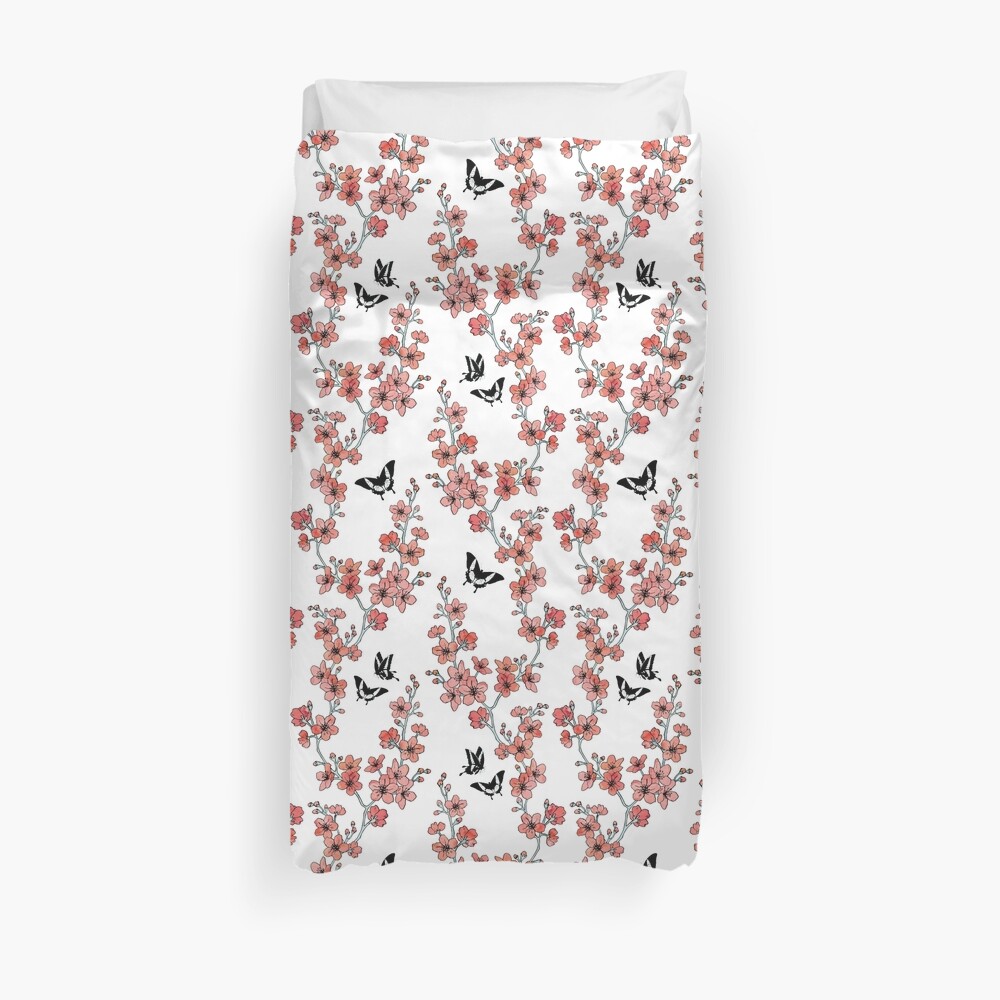 Sakura butterflies in peach pink watercolor Duvet Cover