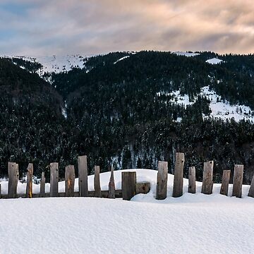 Artwork thumbnail, old wooden fence in snow on hillside by mike-pellinni