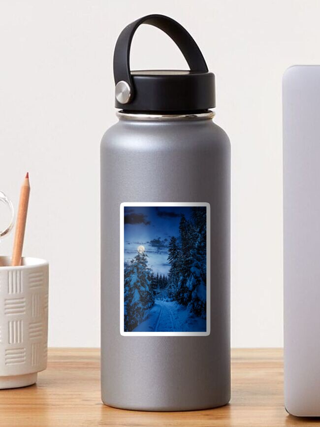 Thumbnail 1 of 3, Sticker, path through spruce forest in winter at night designed and sold by mike-pellinni.