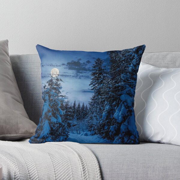 path through spruce forest in winter at night Throw Pillow