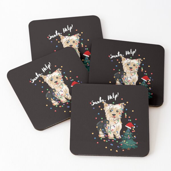 Item preview, Yorkie who needs Santas Help! Heis all tangled up in Christmas Tree lights! designed and sold by MerryHillStudio.