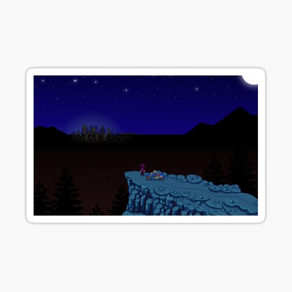 Aperçu de l'œuvre Stardew Valley Sebastian surplombant la ville créée et vendue par aiya-pixels.