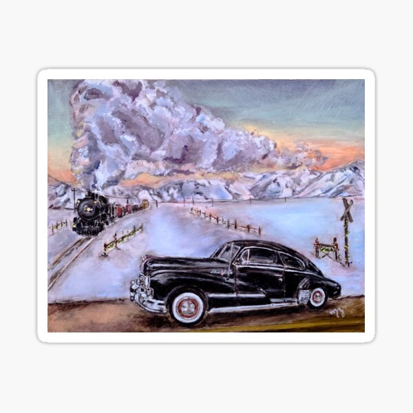 Classic Car at Train Crossing Sticker