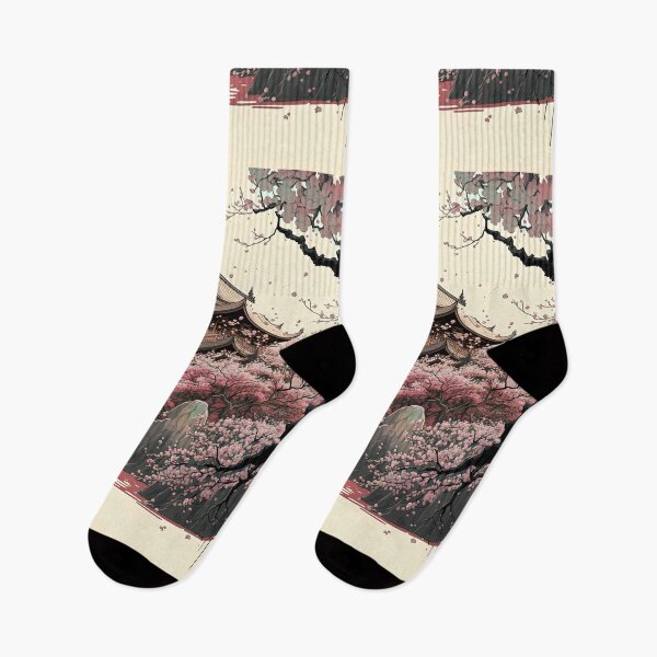 Item preview, Japanese Pagoda on a Hill, with Cherry Blossoms, Woodblock Style designed and sold by loraleiffxi.