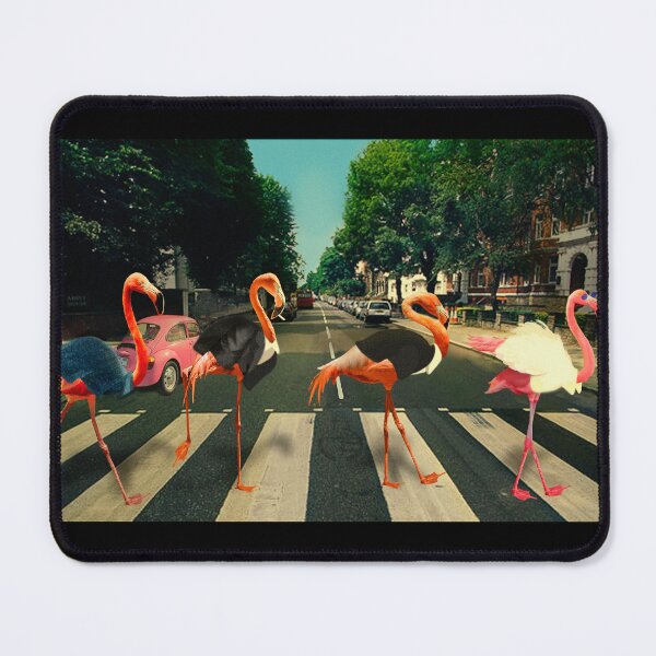 Item preview, Flamingos in dapper suits crossing the zebra crosswalk at Abbey Road in London designed and sold by sandpaperdaisy.