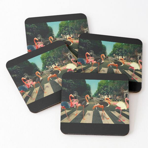 Item preview, Flamingos in dapper suits crossing the zebra crosswalk at Abbey Road in London designed and sold by sandpaperdaisy.