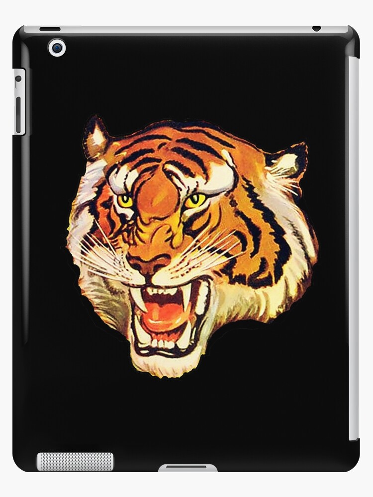 Coque Et Skin Adhesive Ipad Tigre Tete Gros Chat Grognement Grondement Attaque Affiche Vintage Sur Noir Par Tomsredbubble Redbubble