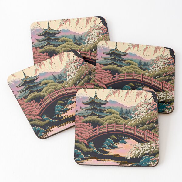 Item preview, Mount Fuji Streamwith Trees and Bridge, Woodblock Style designed and sold by loraleiffxi.