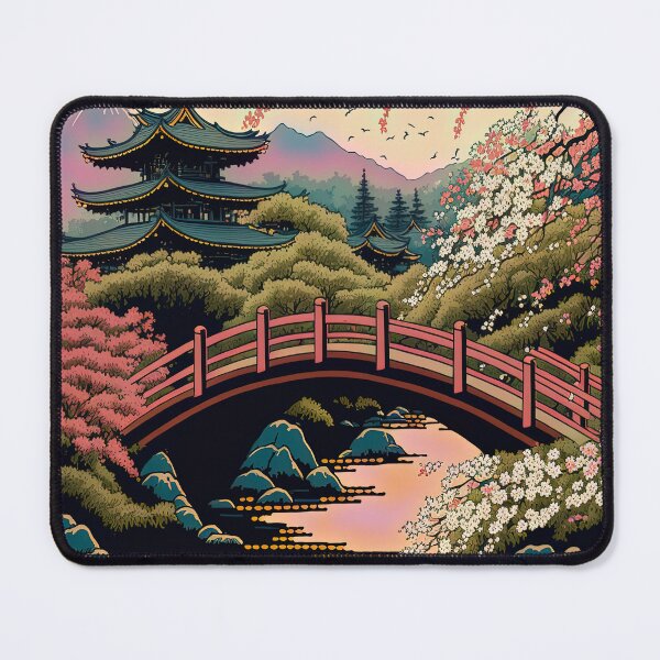 Item preview, Mount Fuji Streamwith Trees and Bridge, Woodblock Style designed and sold by loraleiffxi.