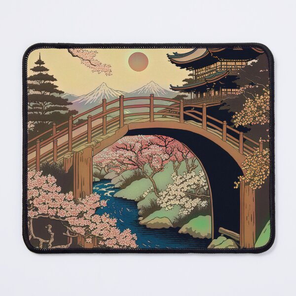 Item preview, Mount Fuji Streamwith Trees and Bridge, Woodblock Style designed and sold by loraleiffxi.