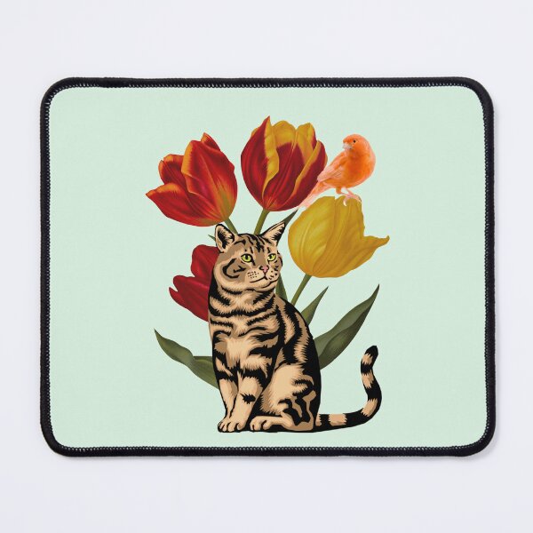 Item preview, Tabby Cat and Red Orange Canary Among Vintage Tulips  designed and sold by BohemiWANDERS.