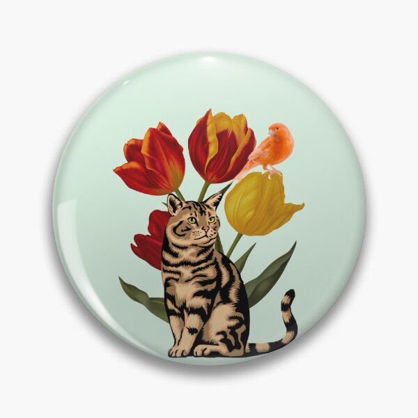 Item preview, Tabby Cat and Red Orange Canary Among Vintage Tulips  designed and sold by BohemiWANDERS.