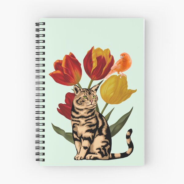 Item preview, Tabby Cat and Red Orange Canary Among Vintage Tulips  designed and sold by BohemiWANDERS.