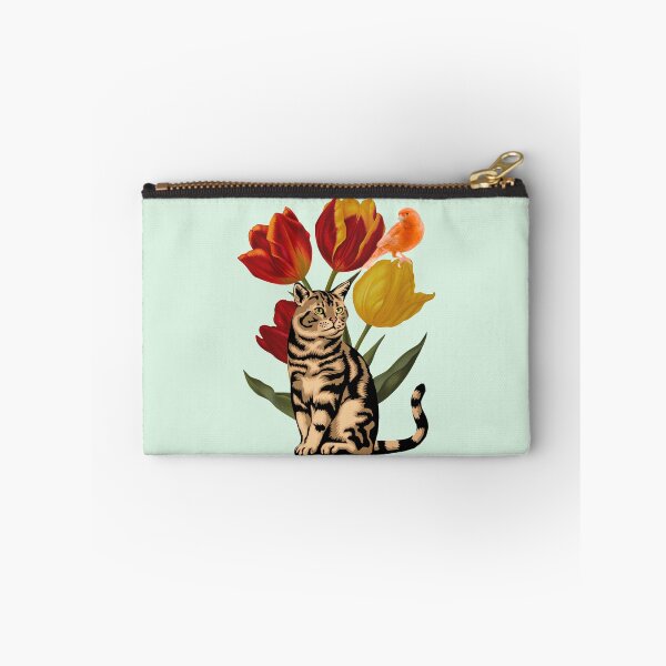 Item preview, Tabby Cat and Red Orange Canary Among Vintage Tulips  designed and sold by BohemiWANDERS.