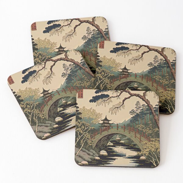 Item preview, Pagoda and Footbridge Over Stream With Trees, Woodblock Style designed and sold by loraleiffxi.