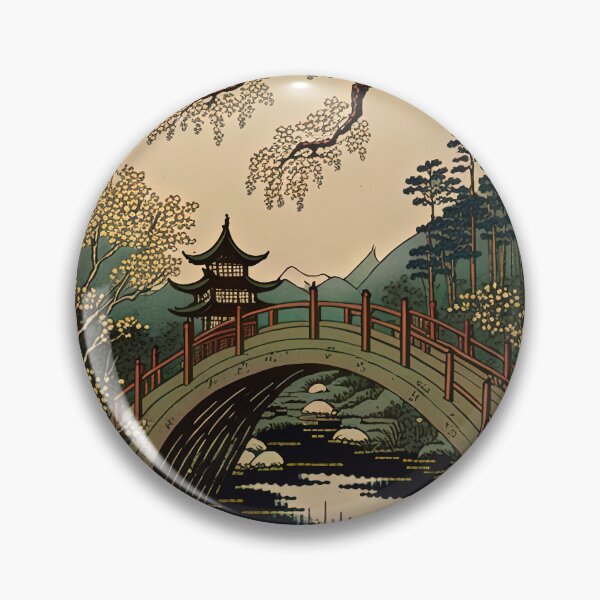 Item preview, Pagoda and Footbridge Over Stream With Trees, Woodblock Style designed and sold by loraleiffxi.