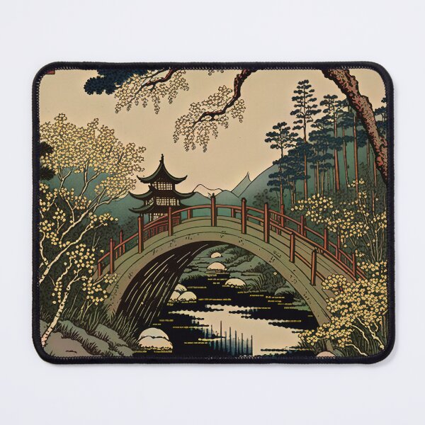 Item preview, Pagoda and Footbridge Over Stream With Trees, Woodblock Style designed and sold by loraleiffxi.