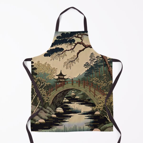 Item preview, Pagoda and Footbridge Over Stream With Trees, Woodblock Style designed and sold by loraleiffxi.