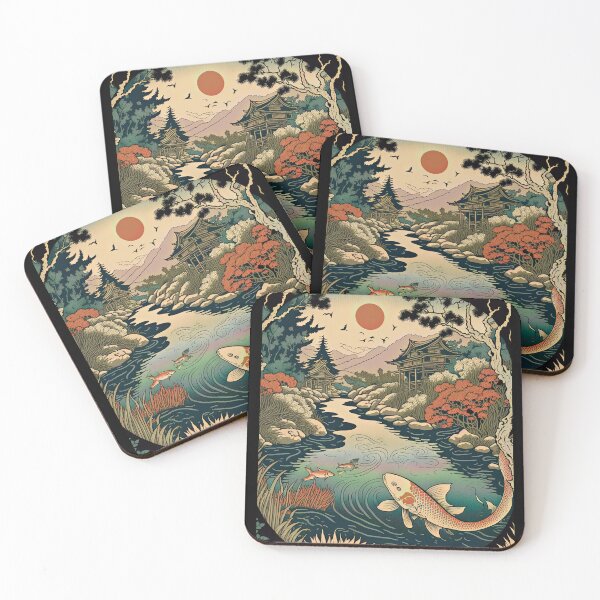 Item preview, Lake with Koi and Pagoda, Japanese Woodblock Style designed and sold by loraleiffxi.