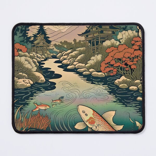 Item preview, Lake with Koi and Pagoda, Japanese Woodblock Style designed and sold by loraleiffxi.