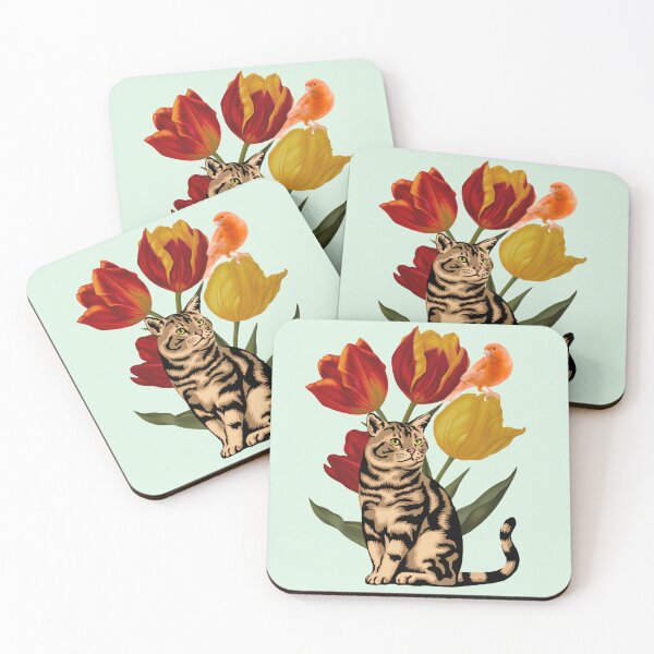 Item preview, Tabby Cat and Red Orange Canary Among Vintage Tulips  designed and sold by BohemiWANDERS.